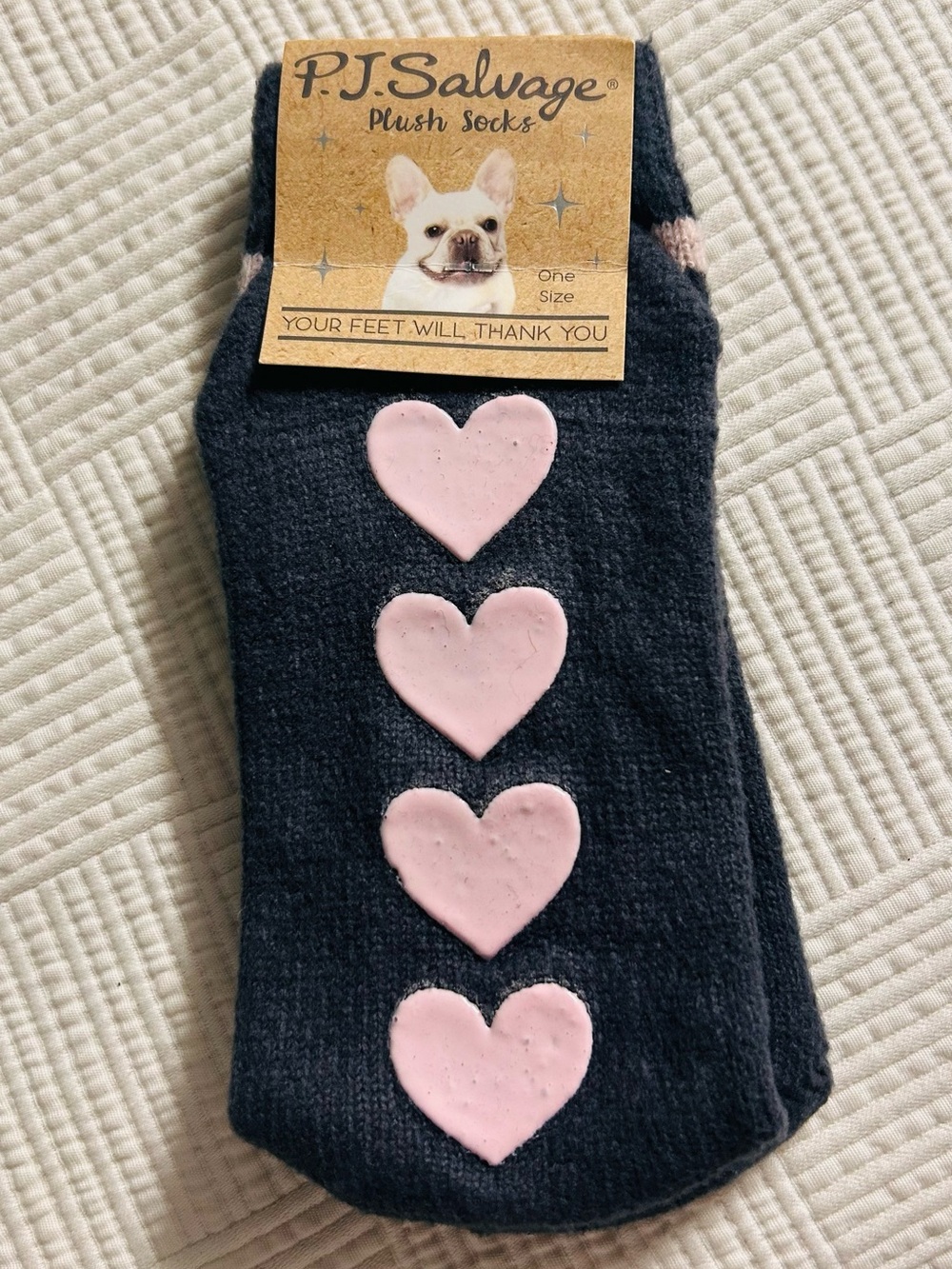 P.J. Salvage gray Plush Socks with Pink Heart Grips